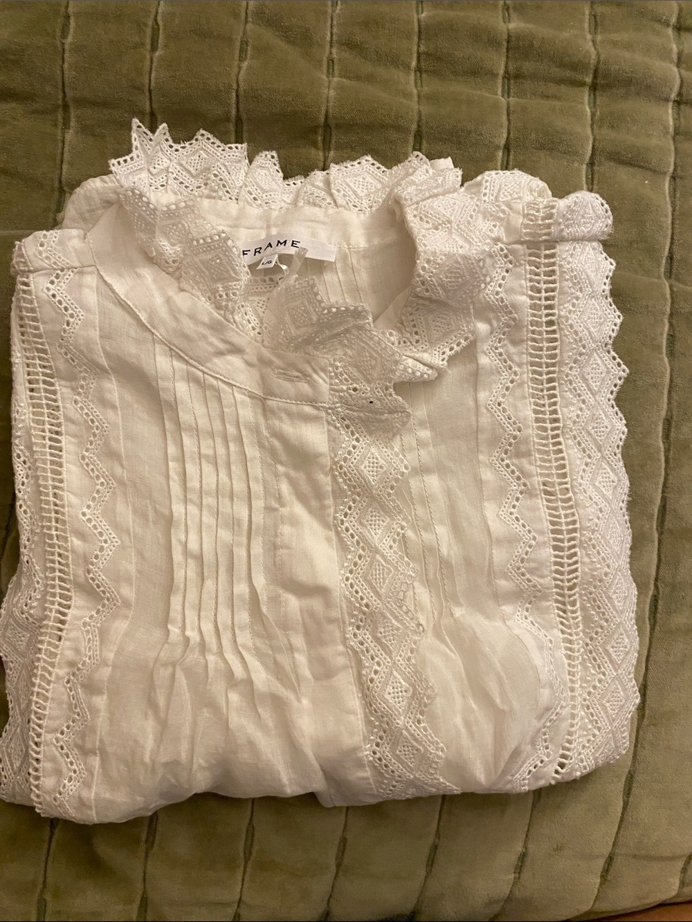Frame Denim White Lace-Trim Button Down Blouse